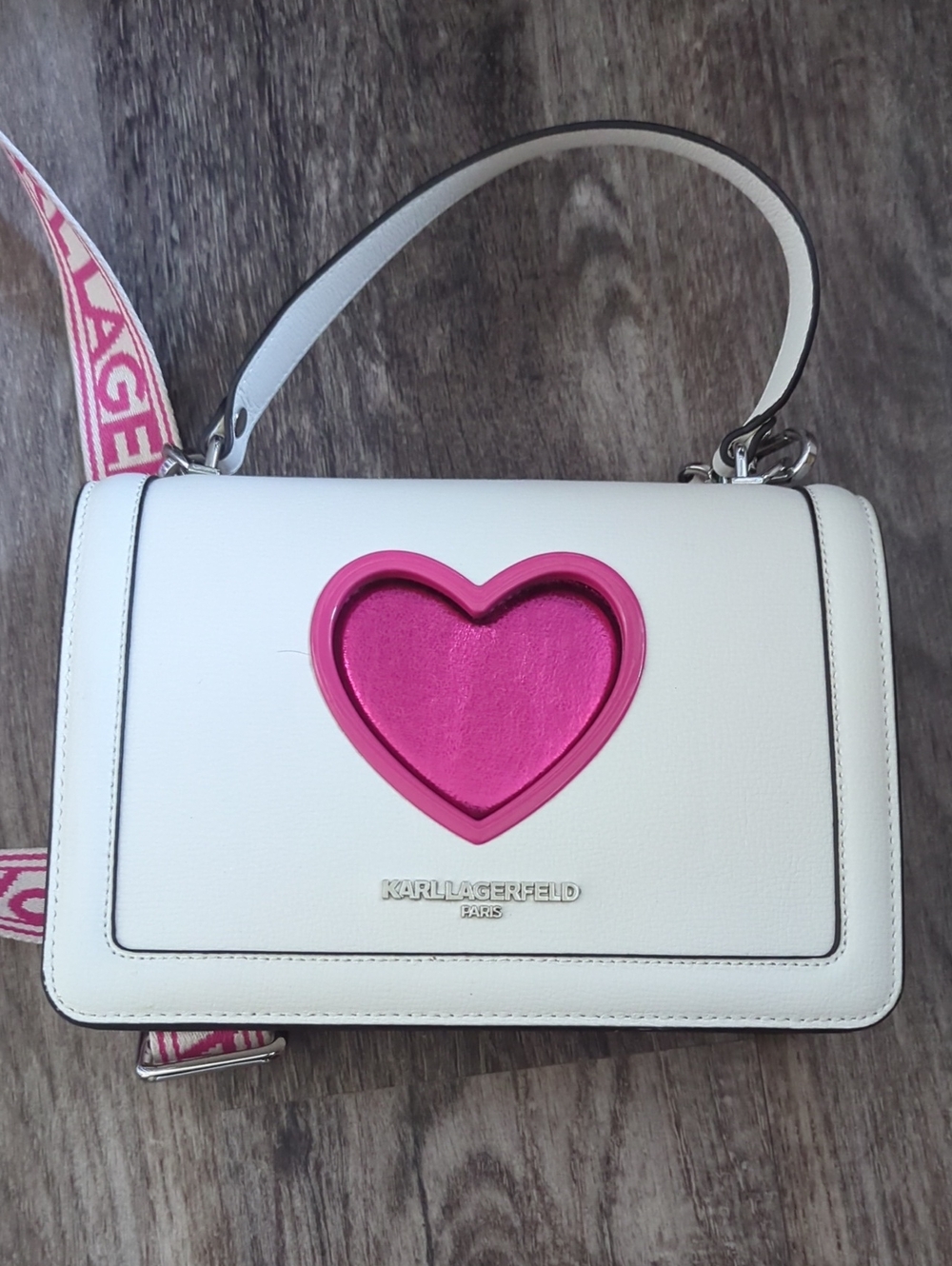 Karl Lagerfeld White Shoulder Bag with Pink Heart Detail